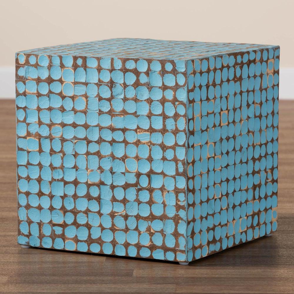 Janella Bohemian Sky Blue Coconut Shell and Acacia Wood End Table. Picture 15