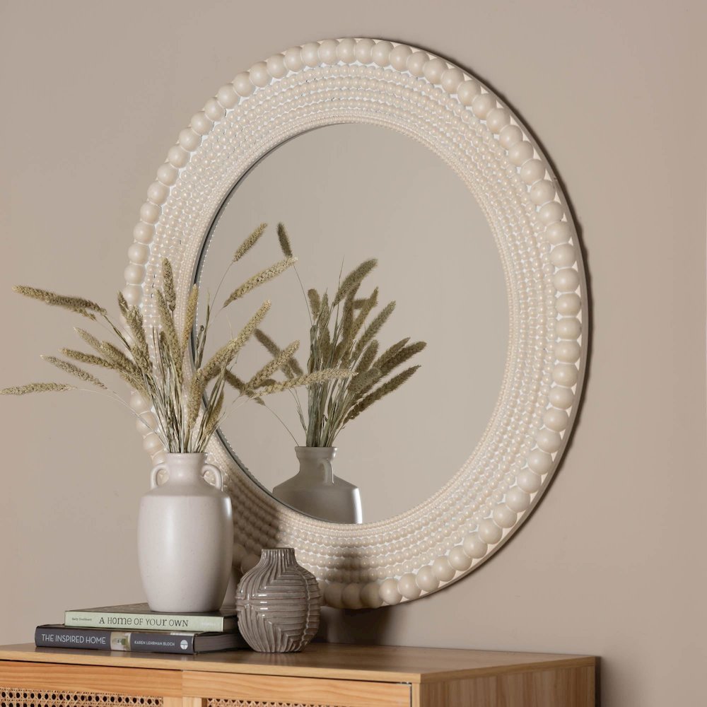 Grazia Modern Round Beaded-framed Accent Mirror in Pearl White. Picture 7