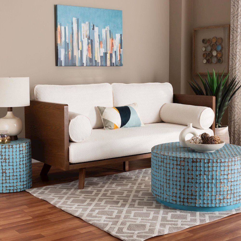 Uriel Mid-Century Modern Cream Boucle Fabric Sofa. Picture 19