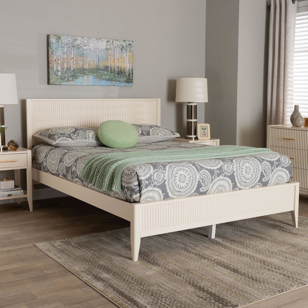 Primrose Mid-Century Ivory Fluted Wood Queen Size Platform Bed. Picture 17