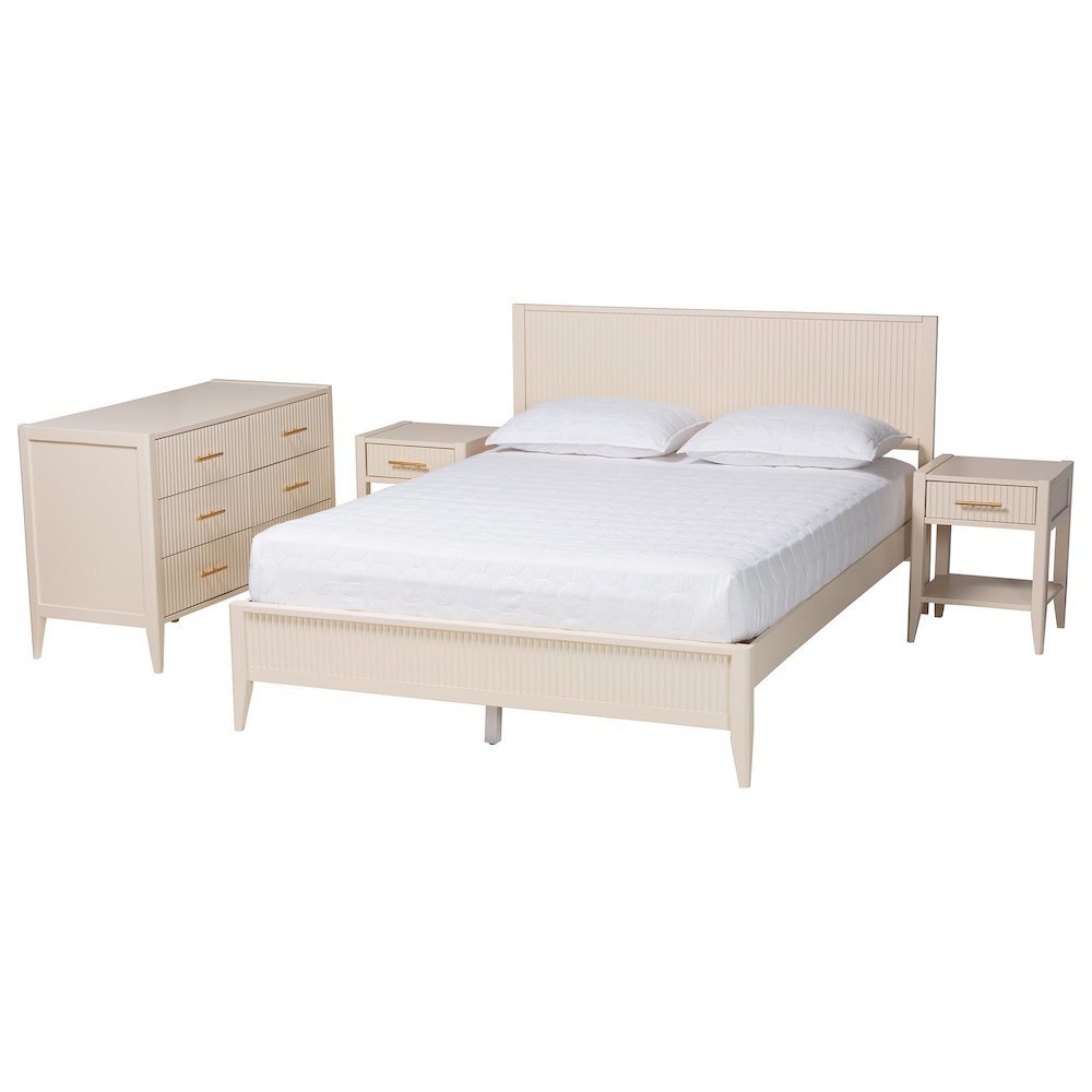 Primrose Mid-Century Ivory Fluted Wood Queen Size 4-Piece Bedroom Set. Picture 11