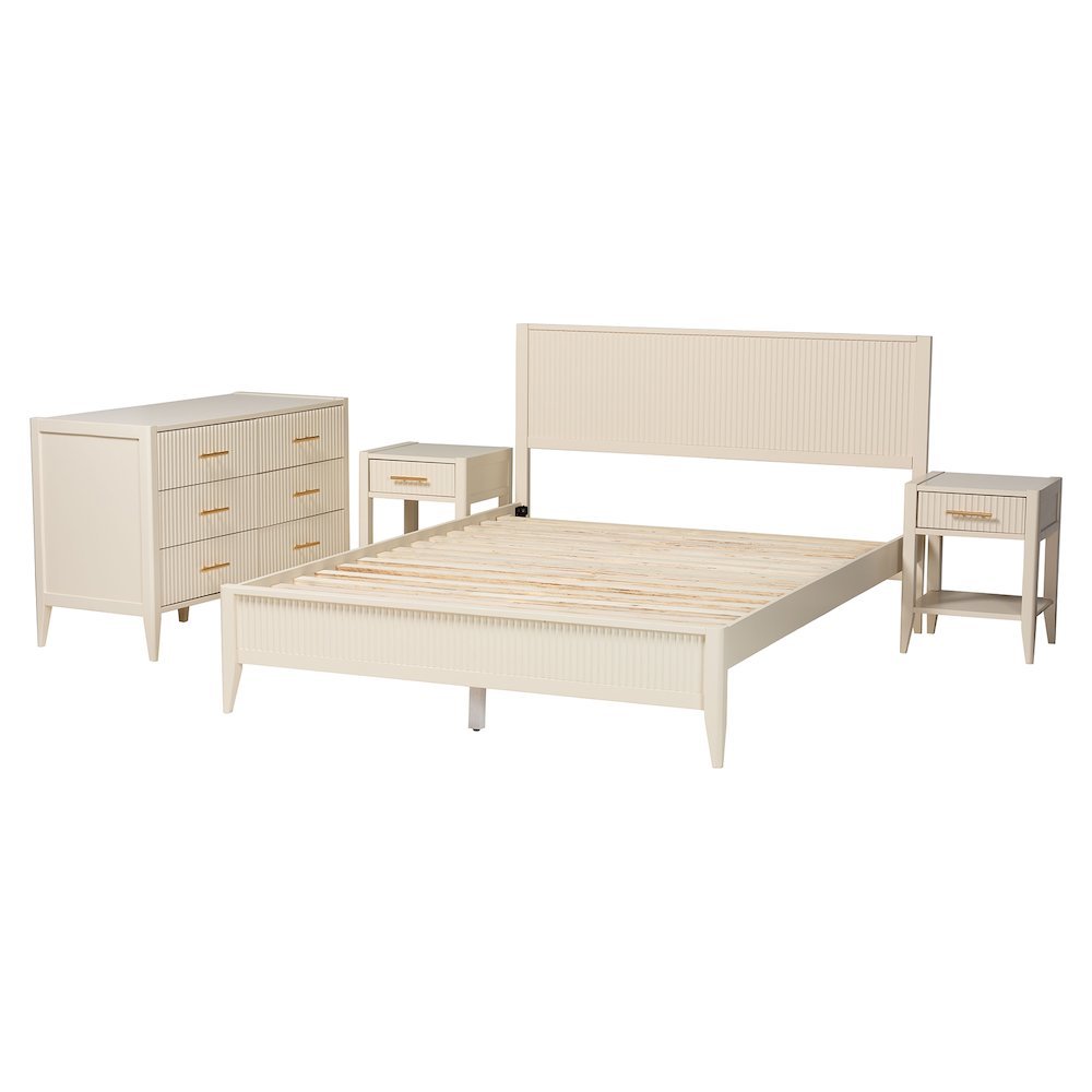 Primrose Mid-Century Ivory Fluted Wood Queen Size 4-Piece Bedroom Set. Picture 12