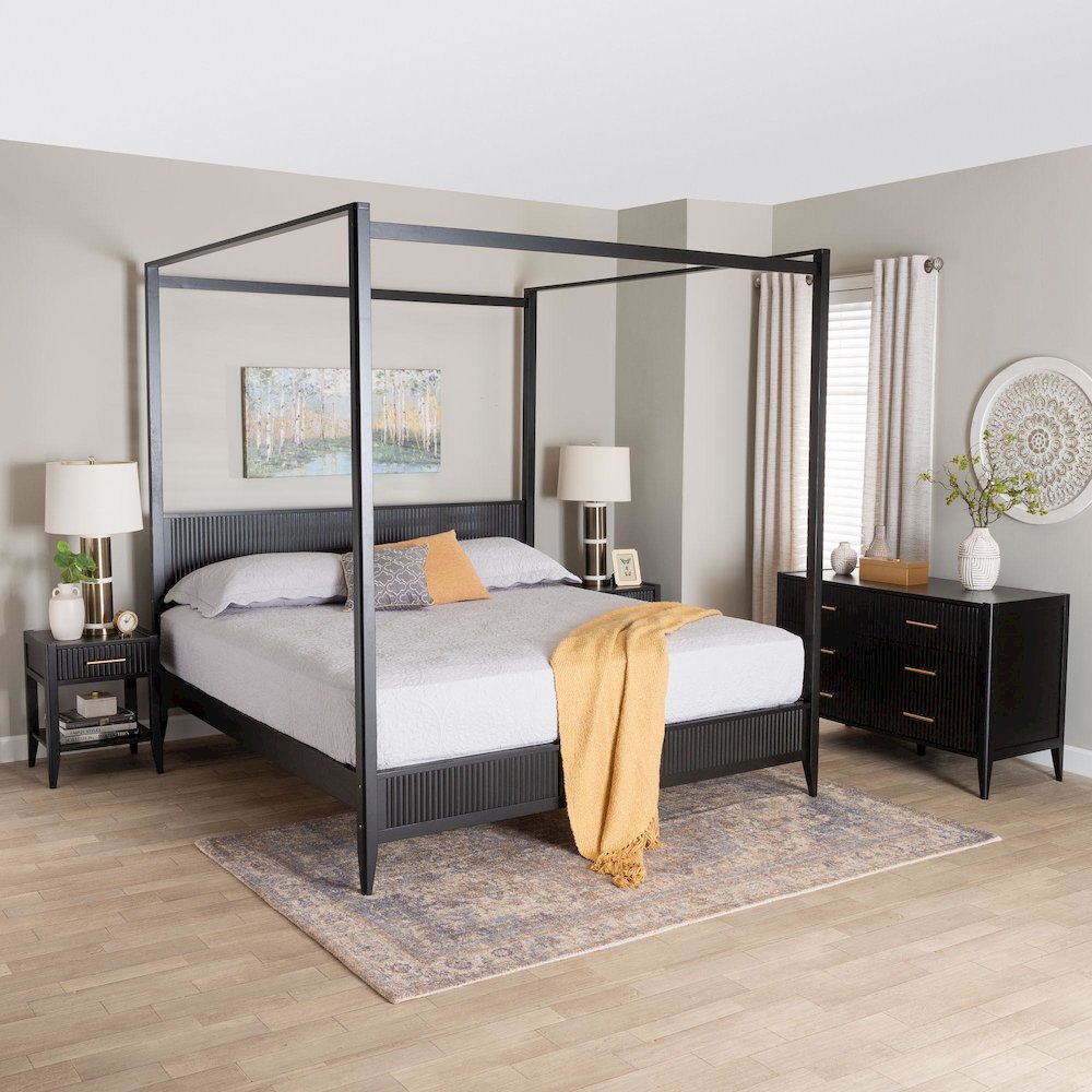 Primrose Mid-Century Black Fluted Wood King Size 4-Piece Canopy Bedroom Set. Picture 22