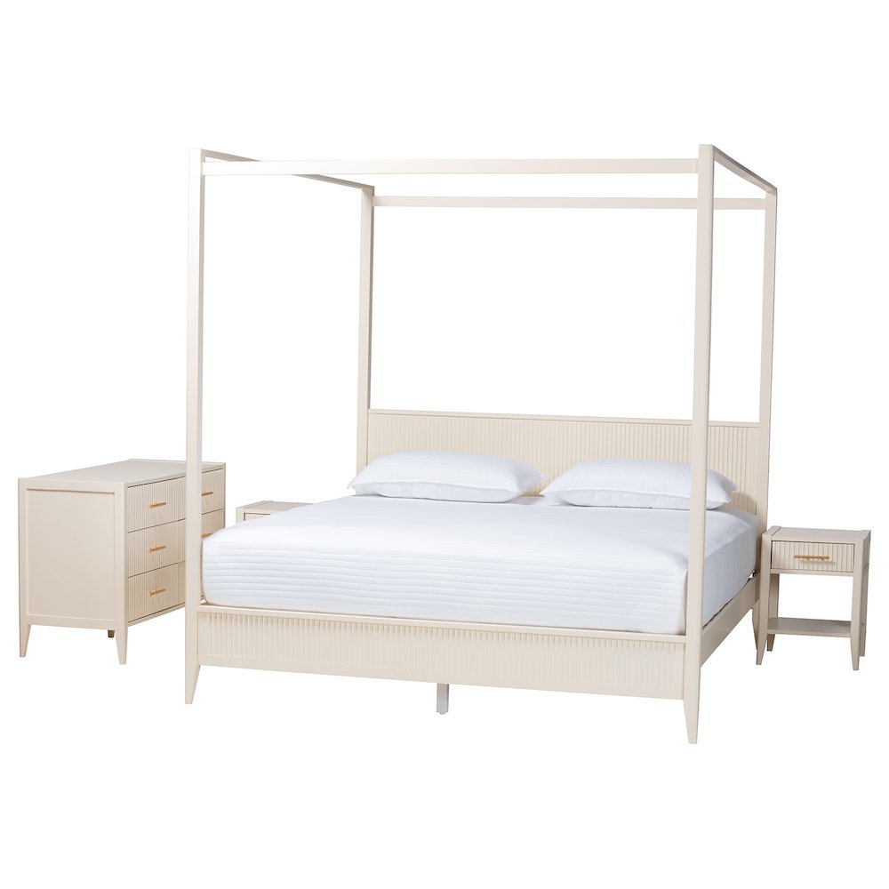 Primrose Mid-Century Ivory Fluted Wood King Size 4-Piece Canopy Bedroom Set. Picture 11