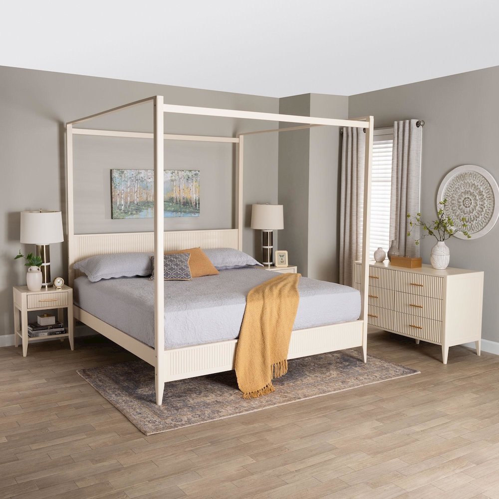 Primrose Mid-Century Ivory Fluted Wood King Size 4-Piece Canopy Bedroom Set. Picture 22