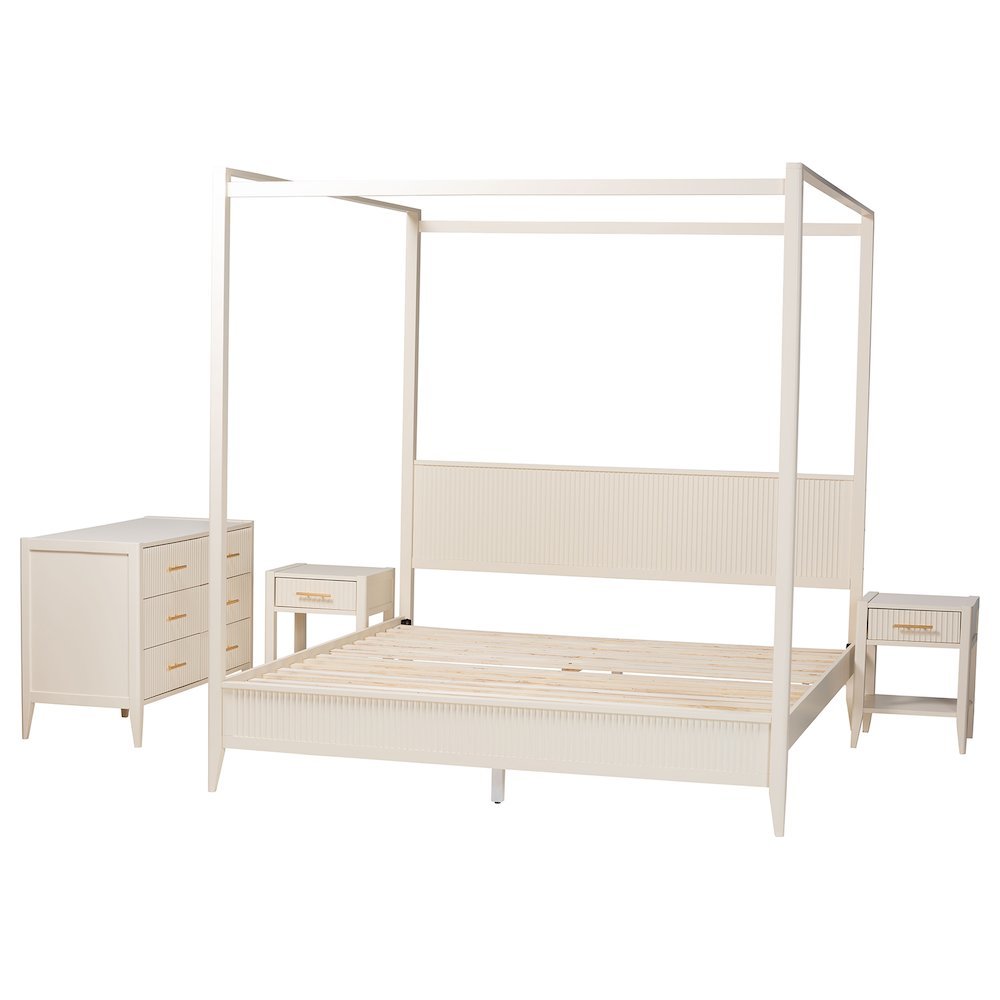 Primrose Mid-Century Ivory Fluted Wood King Size 4-Piece Canopy Bedroom Set. Picture 12