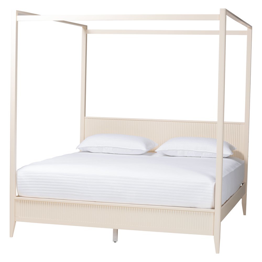 Primrose Mid-Century Ivory Fluted Wood King Size 4-Piece Canopy Bedroom Set. Picture 13