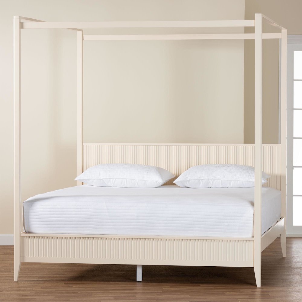 Primrose Mid-Century Ivory Fluted Wood King Size Canopy Bed. Picture 17