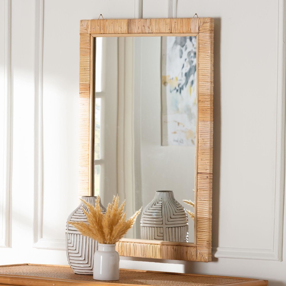 Lankston Bohemian Natural Rattan Rectangle Accent Wall Mirror. Picture 7