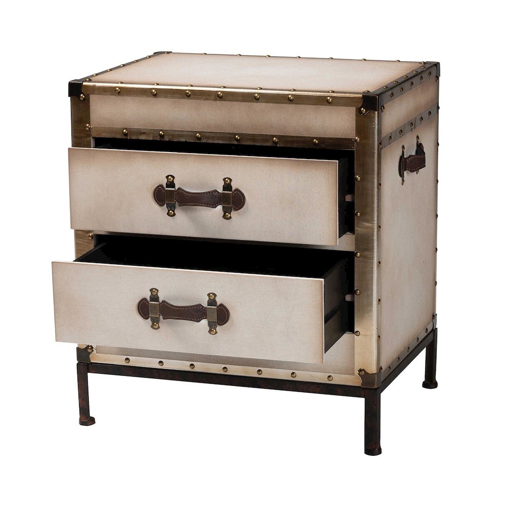 Laura Vintage White Canvas 2-Drawer End Table Trunk. Picture 12