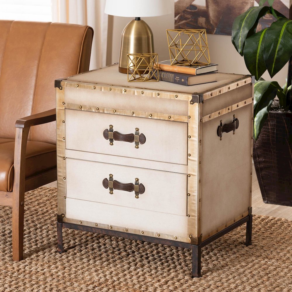 Laura Vintage White Canvas 2-Drawer End Table Trunk. Picture 18