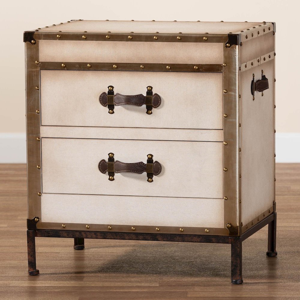 Laura Vintage White Canvas 2-Drawer End Table Trunk. Picture 19