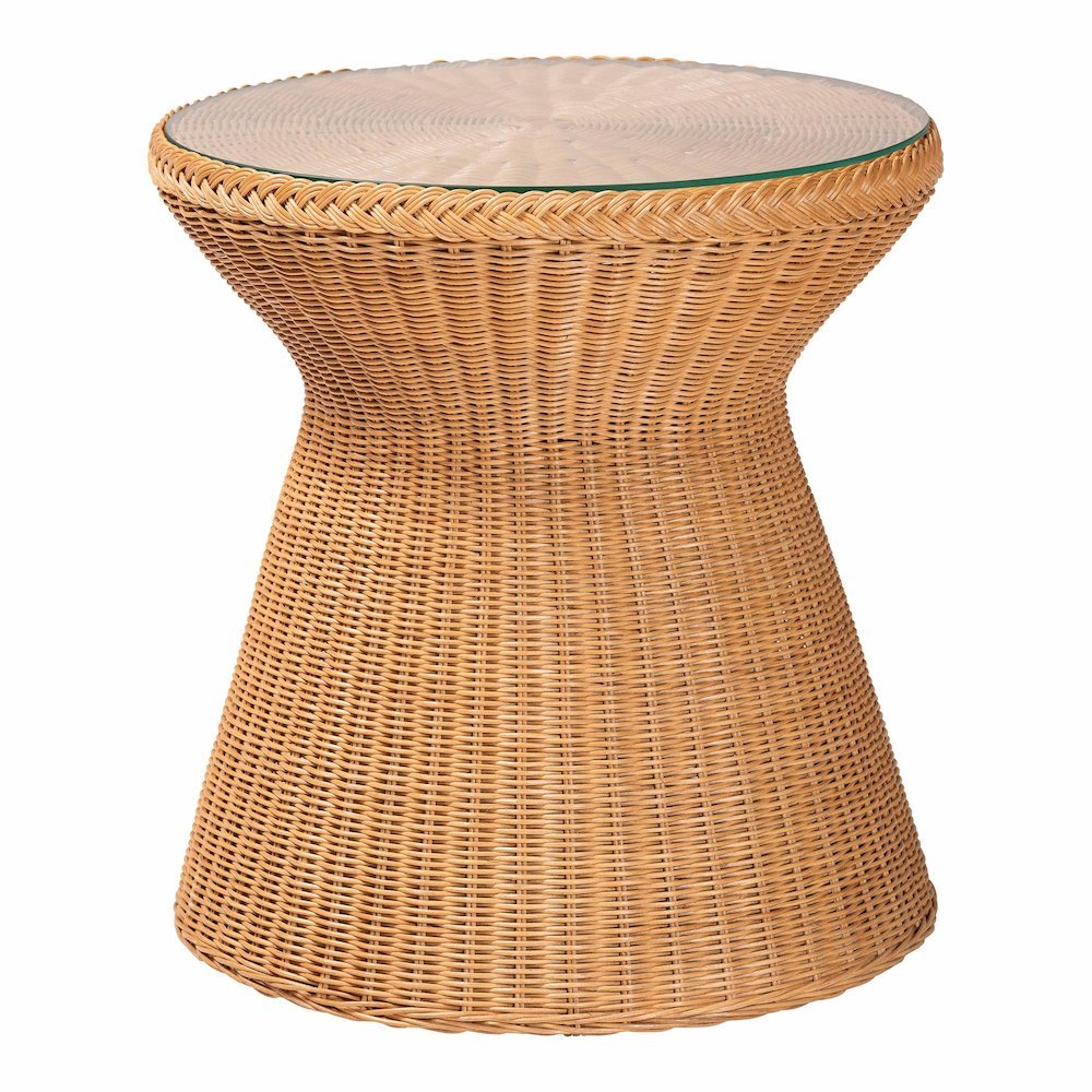 Nina Bohemian Light Honey Braided Rattan End Table with Glass Tabletop. Picture 7