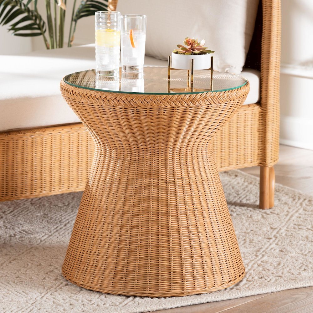 Nina Bohemian Light Honey Braided Rattan End Table with Glass Tabletop. Picture 9
