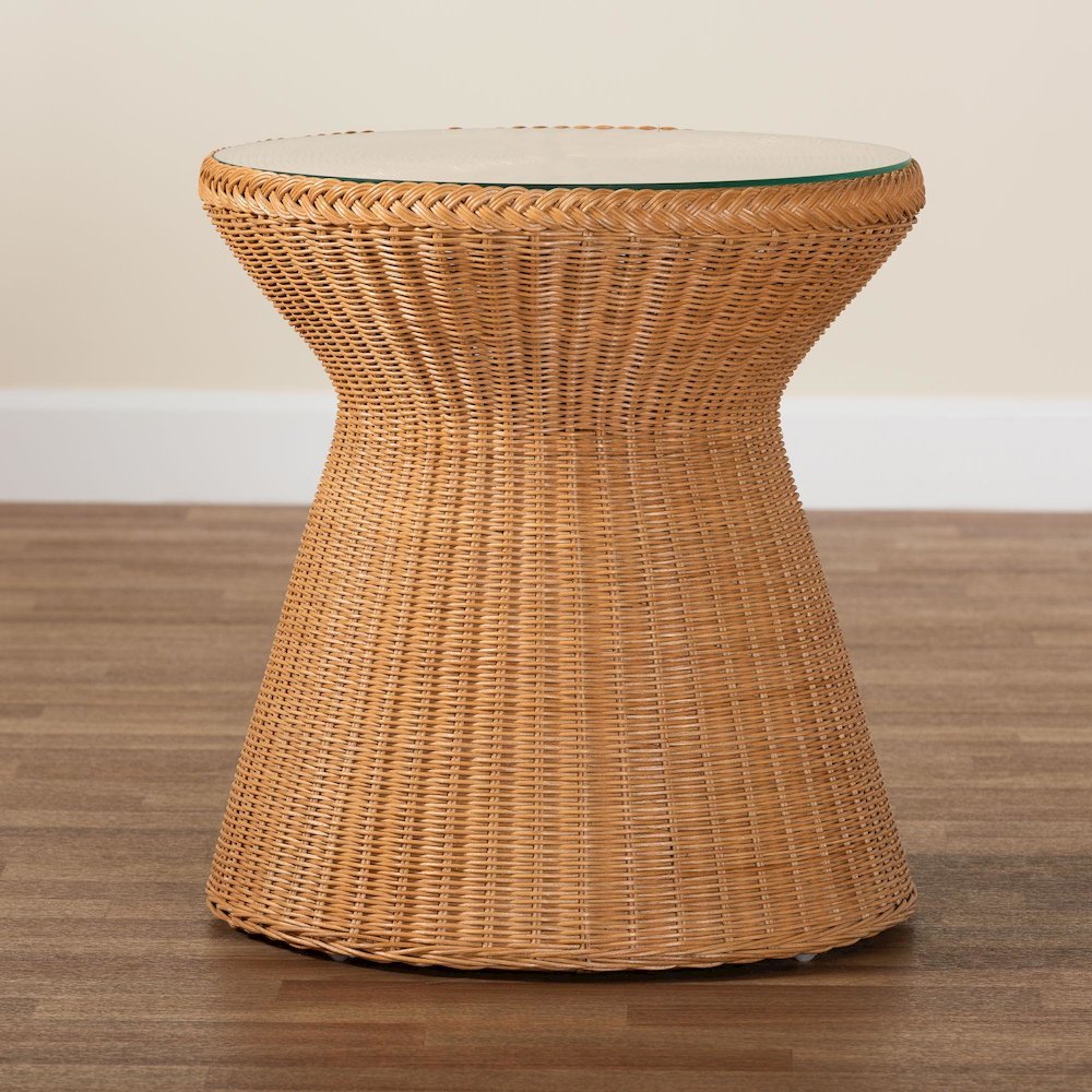 Nina Bohemian Light Honey Braided Rattan End Table with Glass Tabletop. Picture 10