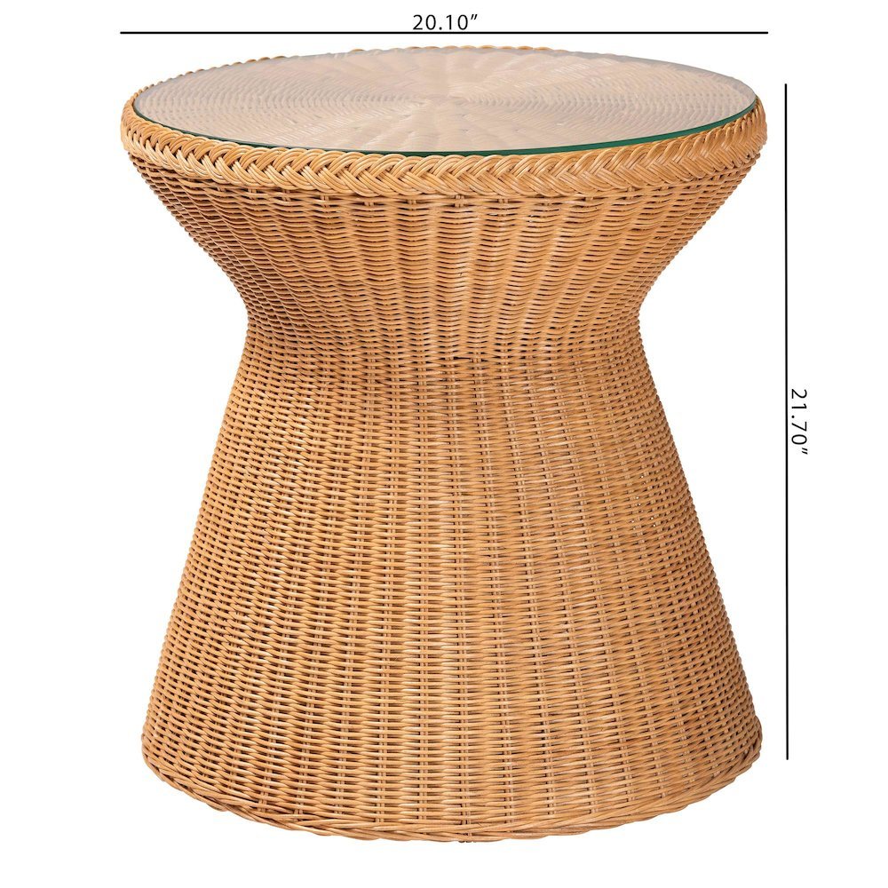 Nina Bohemian Light Honey Braided Rattan End Table with Glass Tabletop. Picture 11