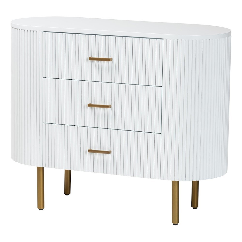 Beyla Mid-Century White Fluted Wood and Gold Metal 3-Drawer Dresser. Picture 11