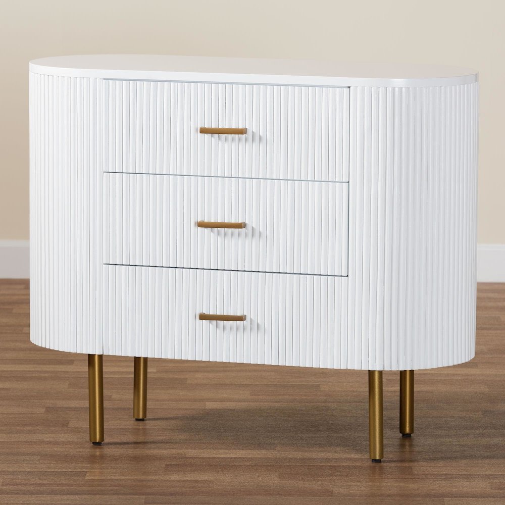 Beyla Mid-Century White Fluted Wood and Gold Metal 3-Drawer Dresser. Picture 20