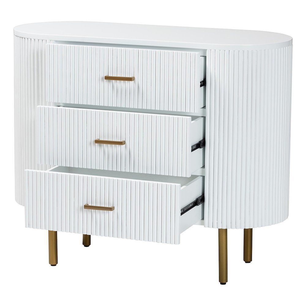Beyla Mid-Century White Fluted Wood and Gold Metal 3-Drawer Dresser. Picture 12