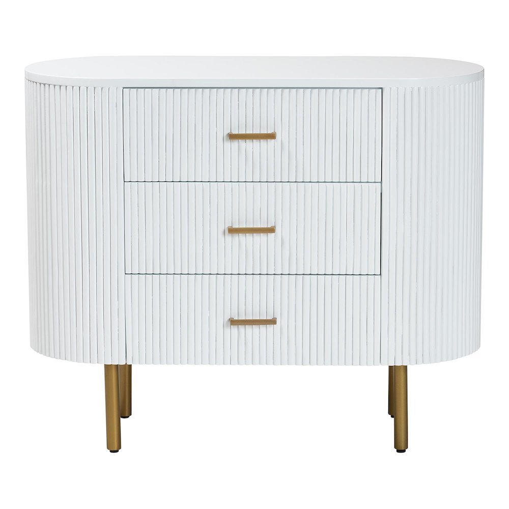 Beyla Mid-Century White Fluted Wood and Gold Metal 3-Drawer Dresser. Picture 13