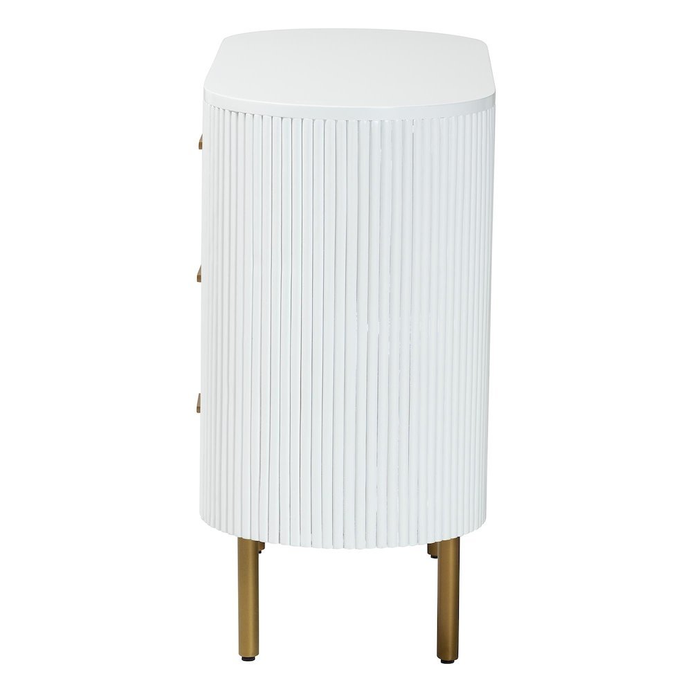 Beyla Mid-Century White Fluted Wood and Gold Metal 3-Drawer Dresser. Picture 14
