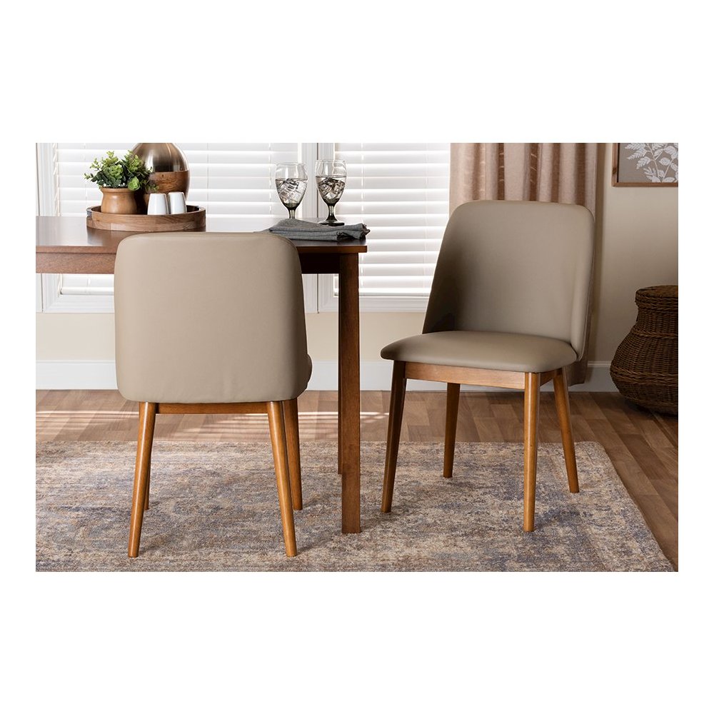Mid-Century "Walnut" Light Brown/Beige Faux Leather Dining Chair (Set of 2). Picture 16