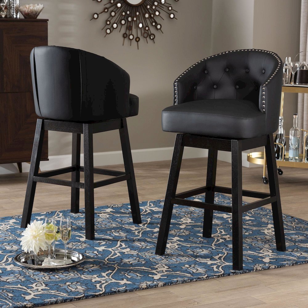 Leather Tufted Swivel Barstool with Nail heads Trim (Set of 2). Picture 16