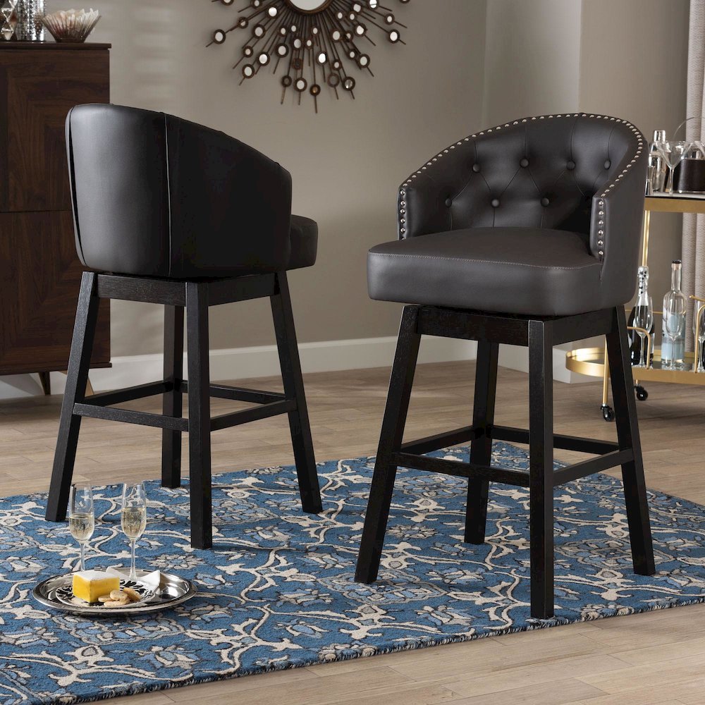 Leather Tufted Swivel Barstool with Nail heads Trim (Set of 2). Picture 16