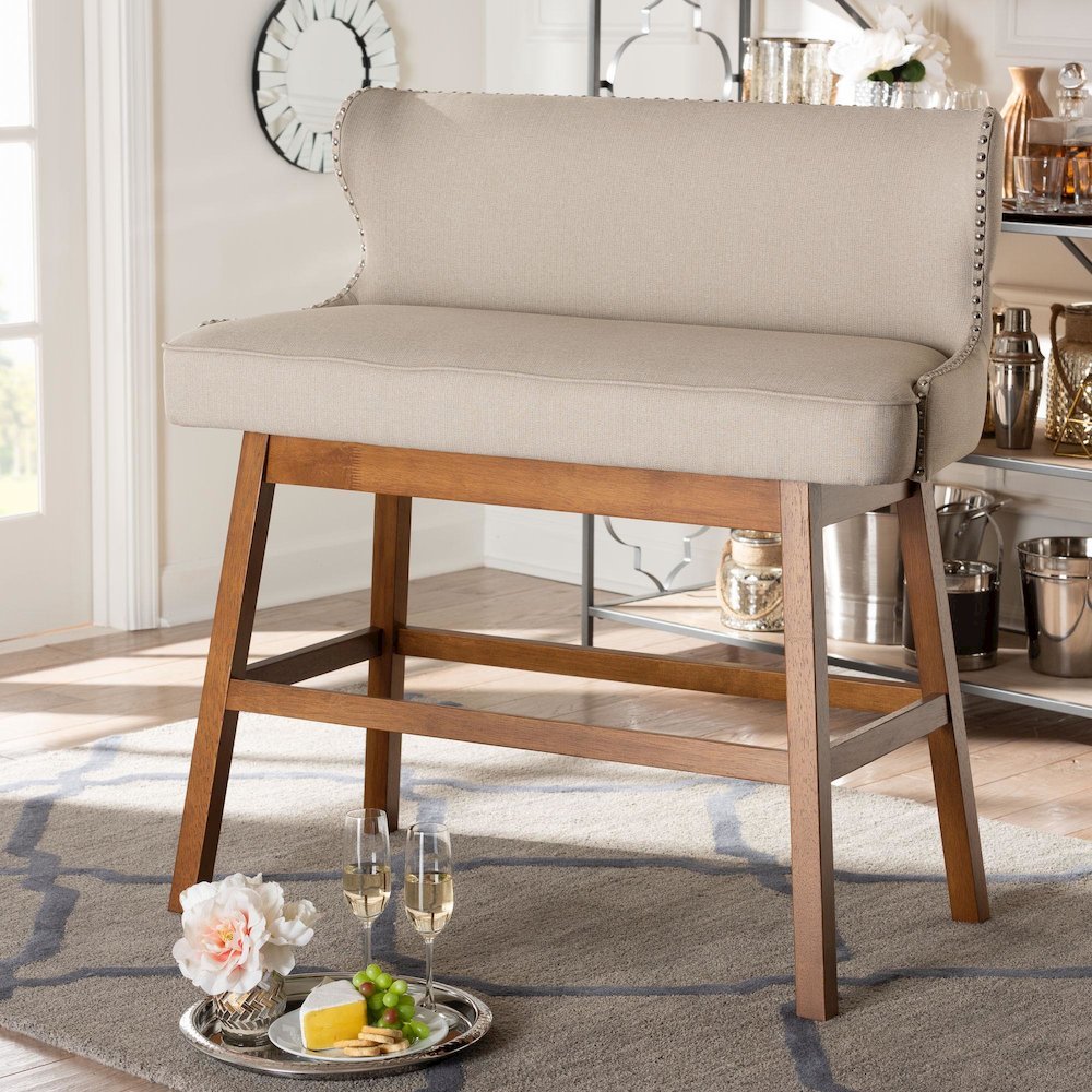 Light Beige Fabric Button-tufted Upholstered Bar Bench Banquette. Picture 17