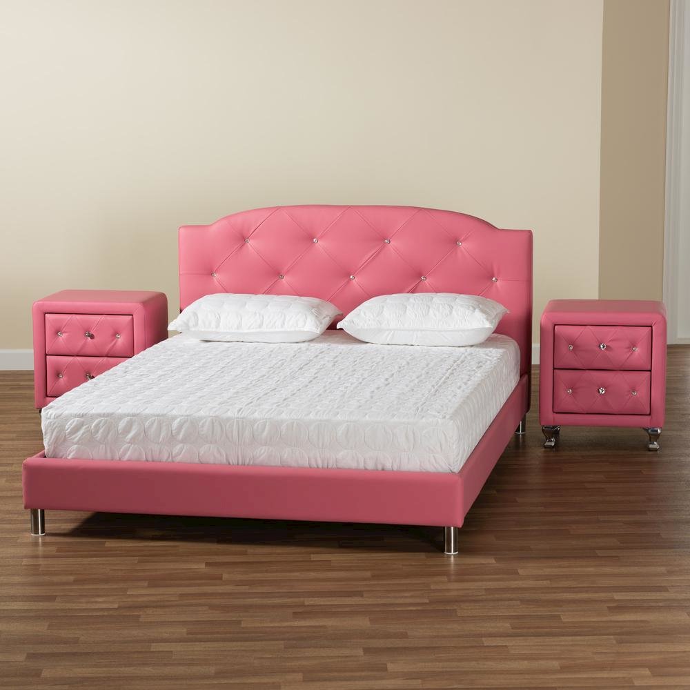 Glam Pink Faux Leather Upholstered Full Size 3-Piece Bedroom Set. Picture 24