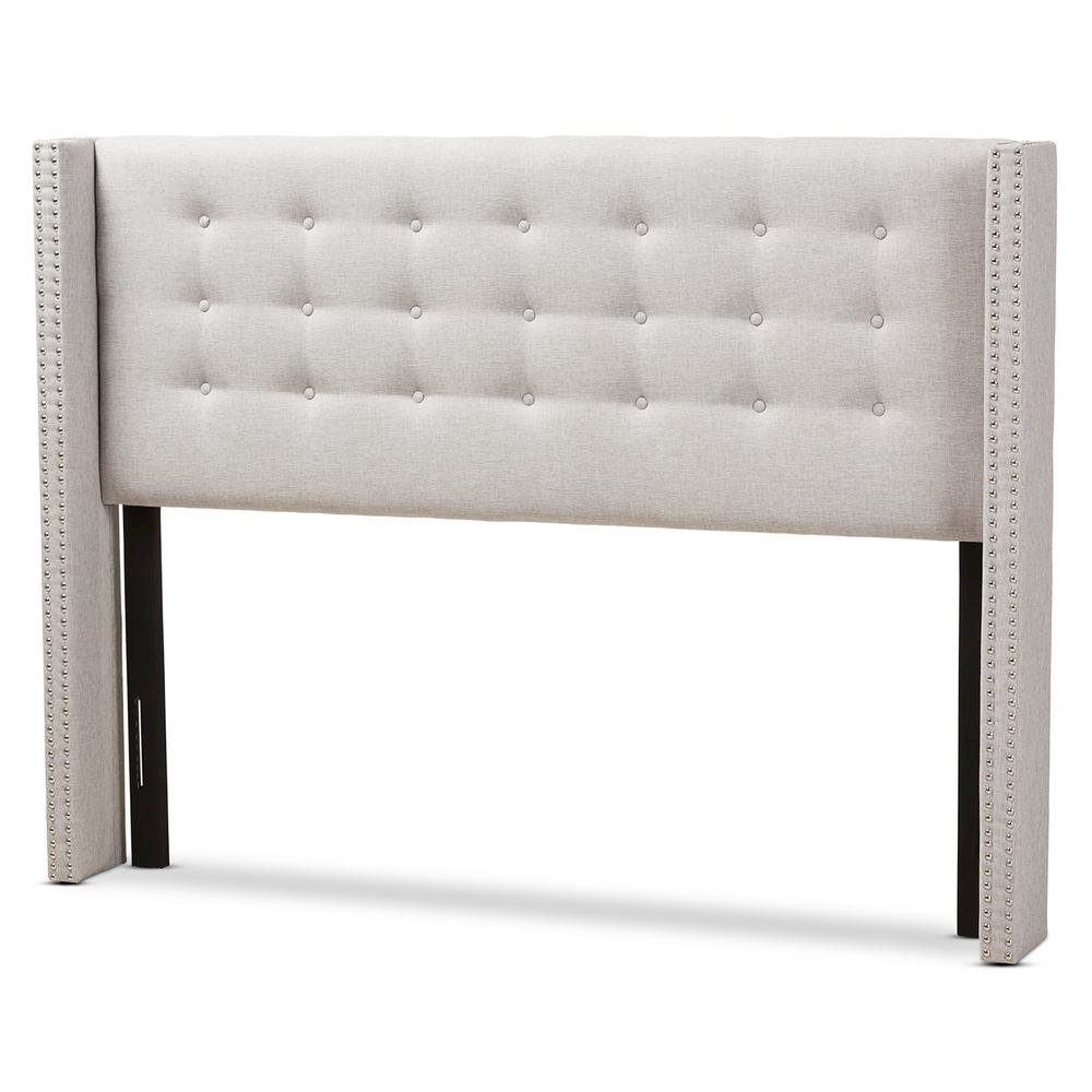 Greyish Beige Fabric Button-Tufted Nail head Queen Size Winged Headboard. Picture 7