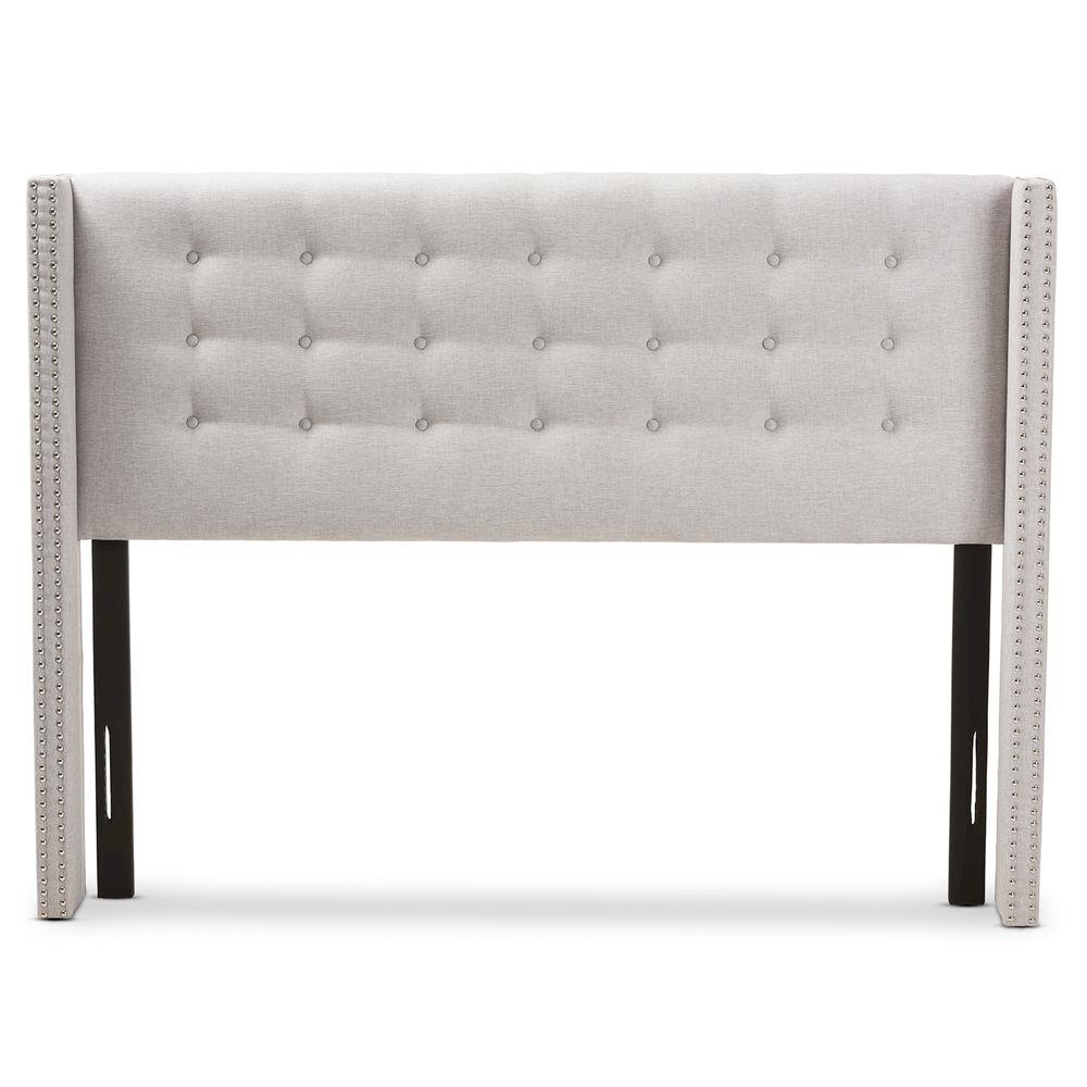 Greyish Beige Fabric Button-Tufted Nail head Queen Size Winged Headboard. Picture 8