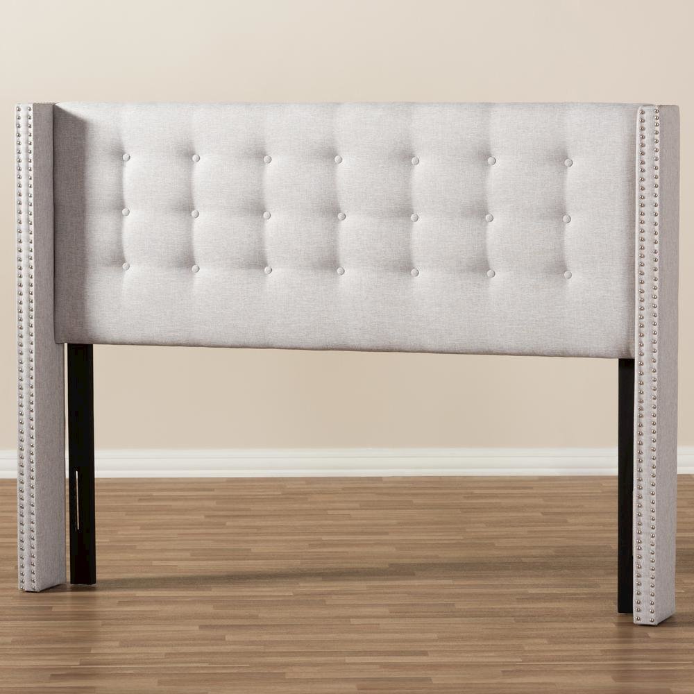 Greyish Beige Fabric Button-Tufted Nail head Queen Size Winged Headboard. Picture 11