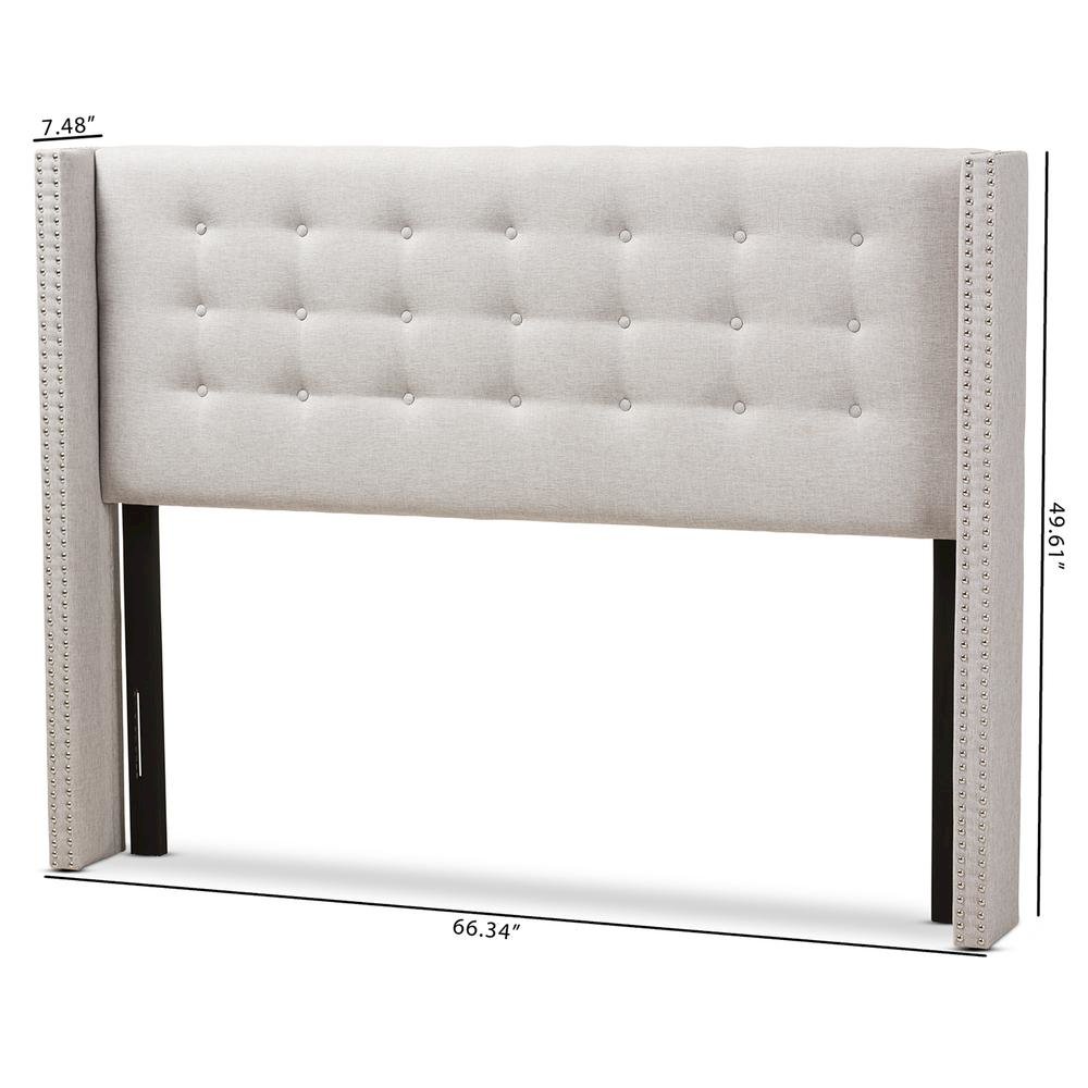 Greyish Beige Fabric Button-Tufted Nail head Queen Size Winged Headboard. Picture 12
