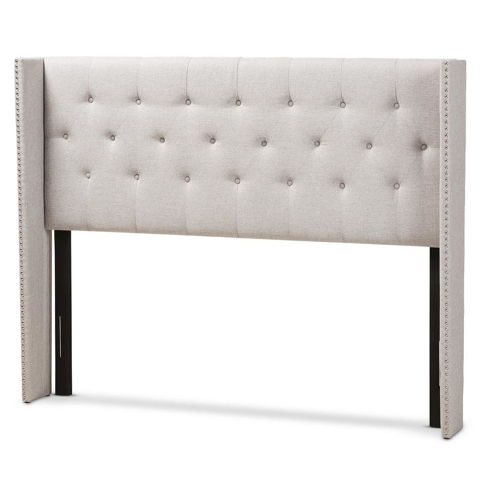 Greyish Beige Fabric Button-Tufted Nail head King Size Winged Headboard. Picture 7