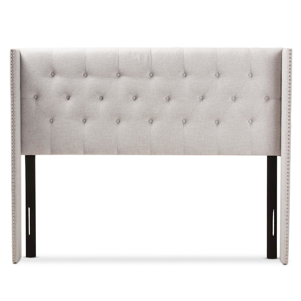Greyish Beige Fabric Button-Tufted Nail head King Size Winged Headboard. Picture 8
