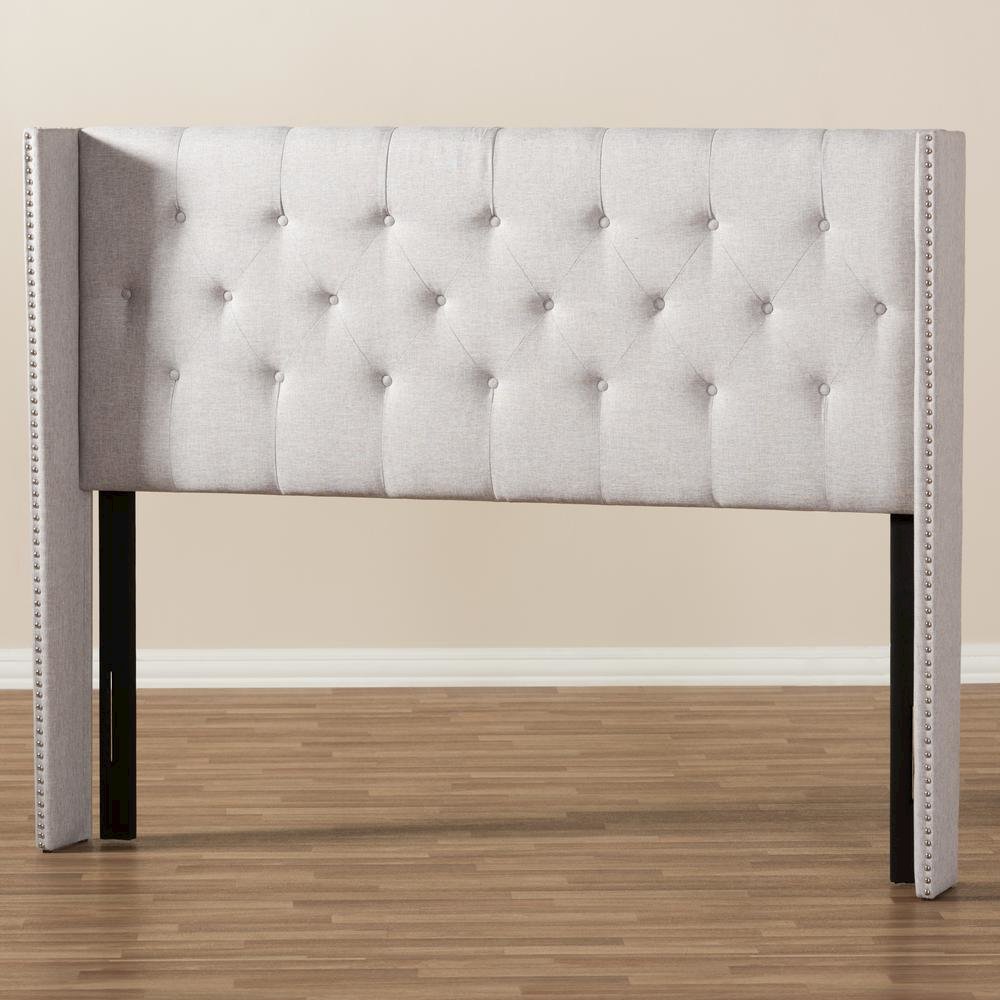 Greyish Beige Fabric Button-Tufted Nail head King Size Winged Headboard. Picture 11