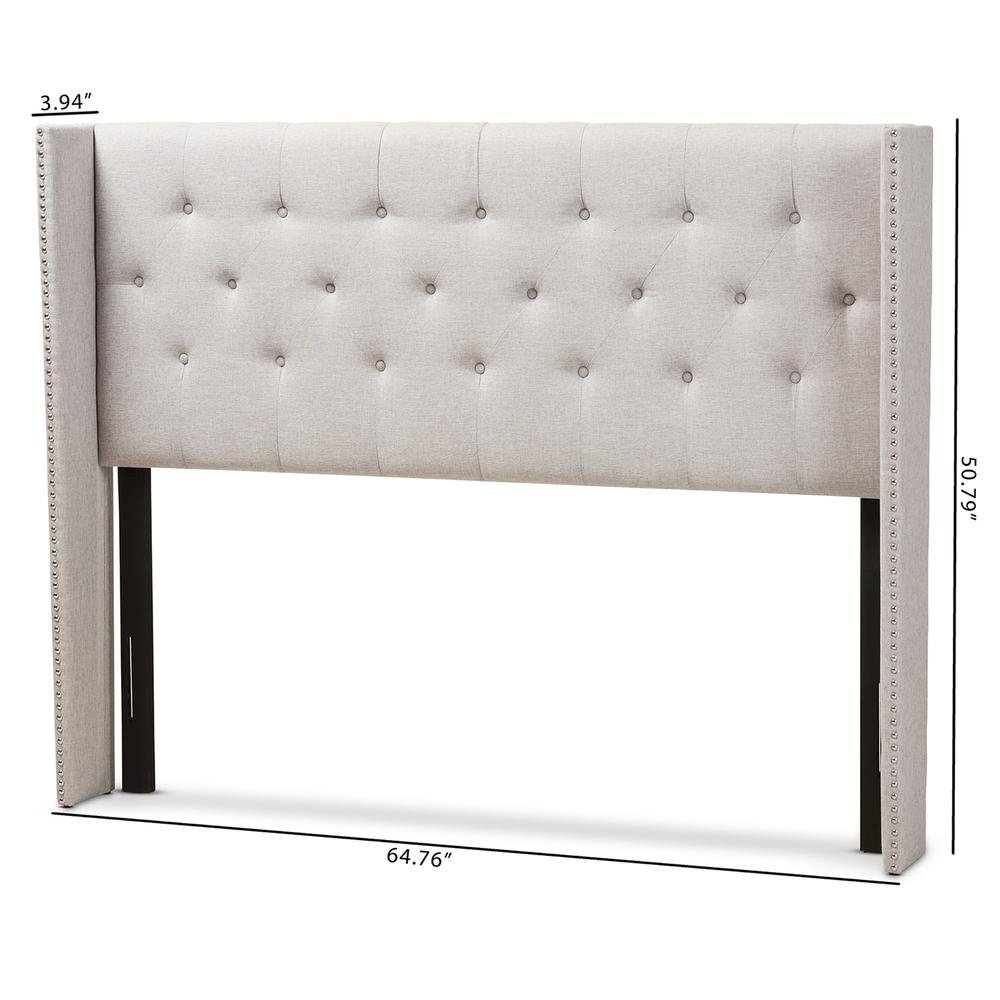 Greyish Beige Fabric Button-Tufted Nail head King Size Winged Headboard. Picture 12