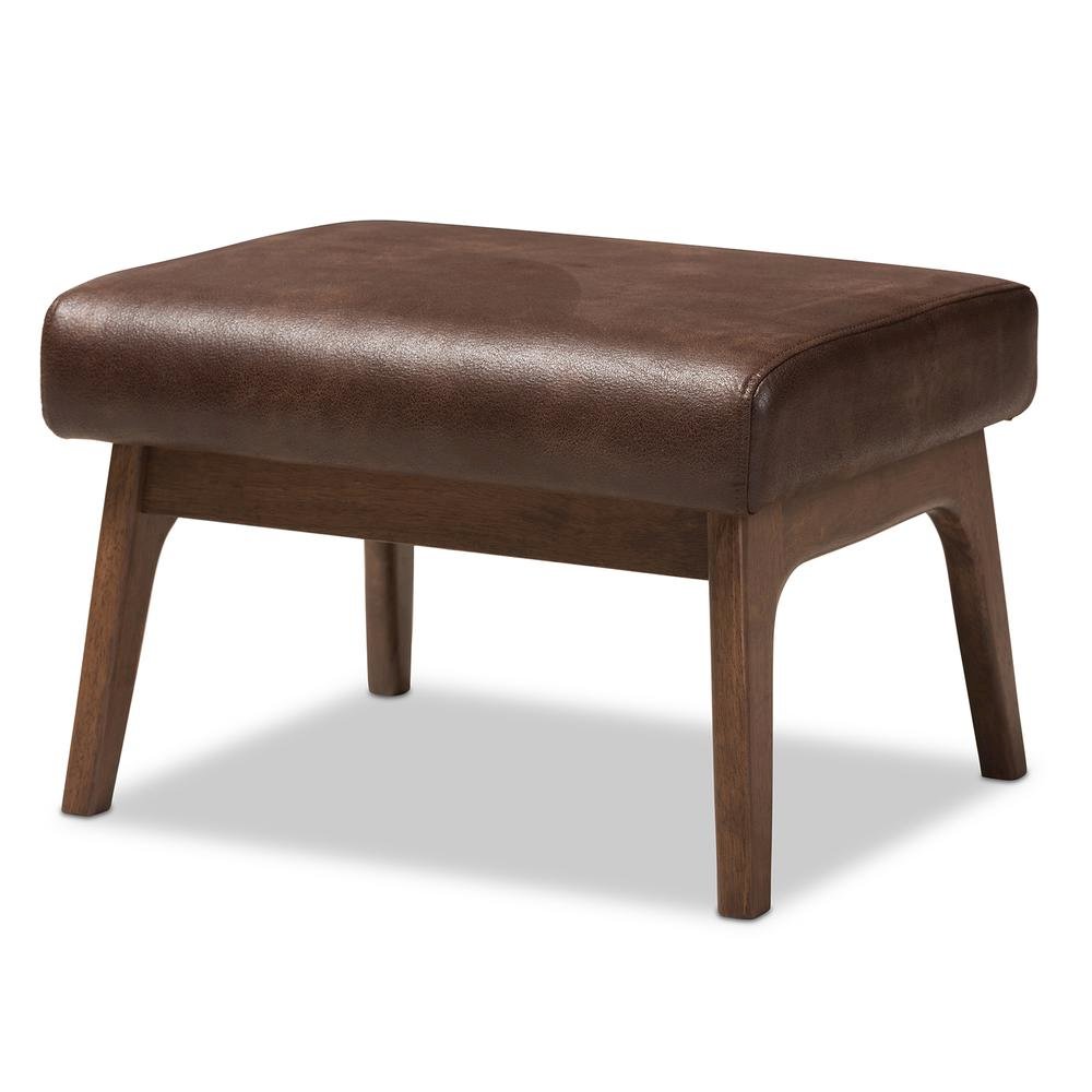 Bianca Mid-Century Modern Walnut Wood Dark Brown Distressed Faux Leather Ottoman. Picture 7