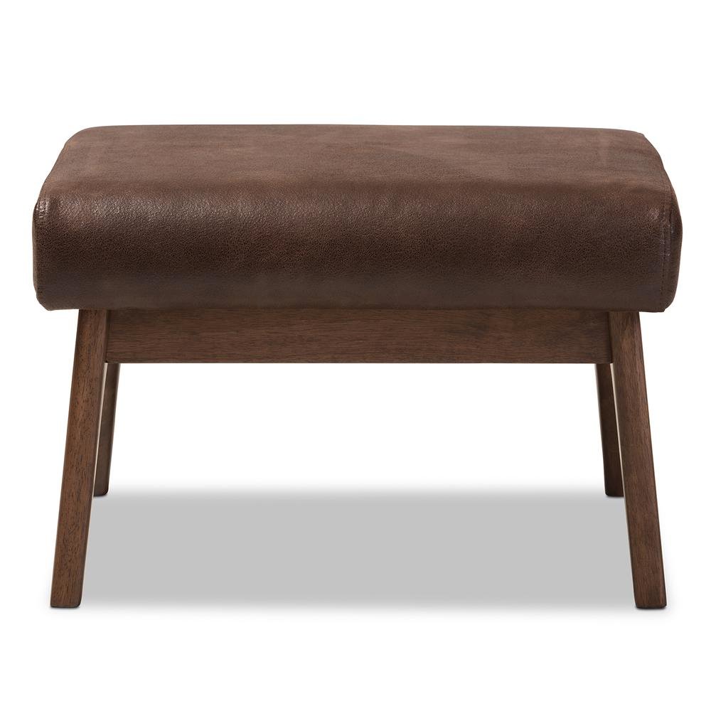 Bianca Mid-Century Modern Walnut Wood Dark Brown Distressed Faux Leather Ottoman. Picture 8