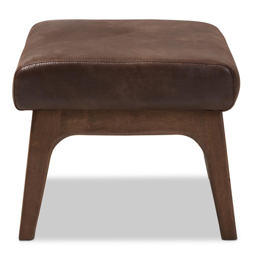 Bianca Mid-Century Modern Walnut Wood Dark Brown Distressed Faux Leather Ottoman. Picture 9