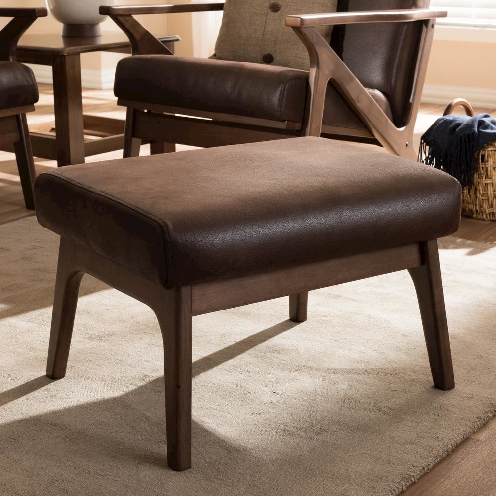 Bianca Mid-Century Modern Walnut Wood Dark Brown Distressed Faux Leather Ottoman. Picture 10