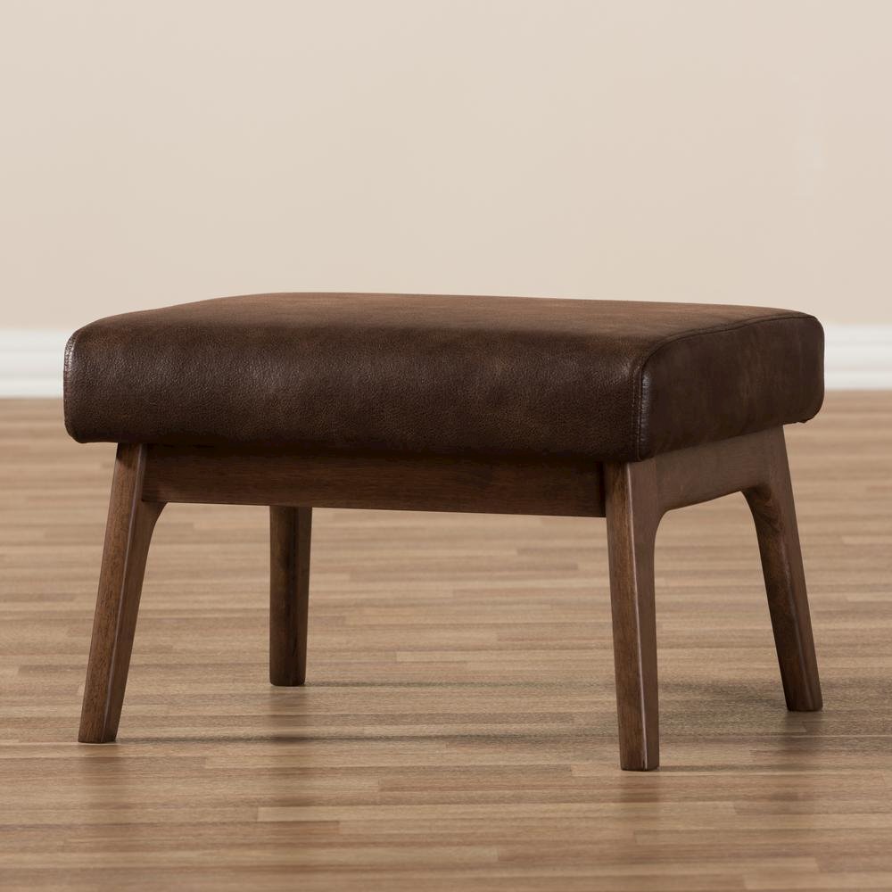 Bianca Mid-Century Modern Walnut Wood Dark Brown Distressed Faux Leather Ottoman. Picture 11