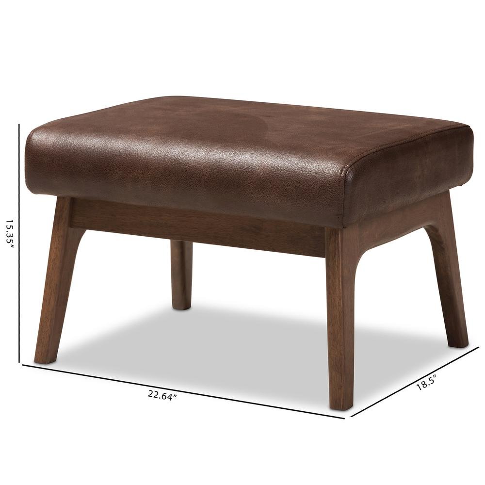 Bianca Mid-Century Modern Walnut Wood Dark Brown Distressed Faux Leather Ottoman. Picture 12
