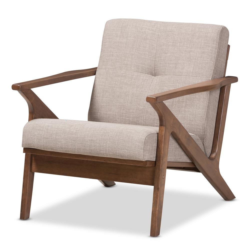 Bianca Mid-Century Modern Walnut Wood Light Grey Fabric Tufted Lounge Chair. Picture 11