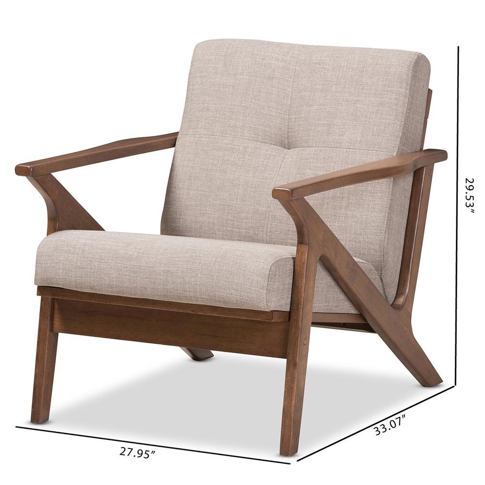 Bianca Mid-Century Modern Walnut Wood Light Grey Fabric Tufted Lounge Chair. Picture 20