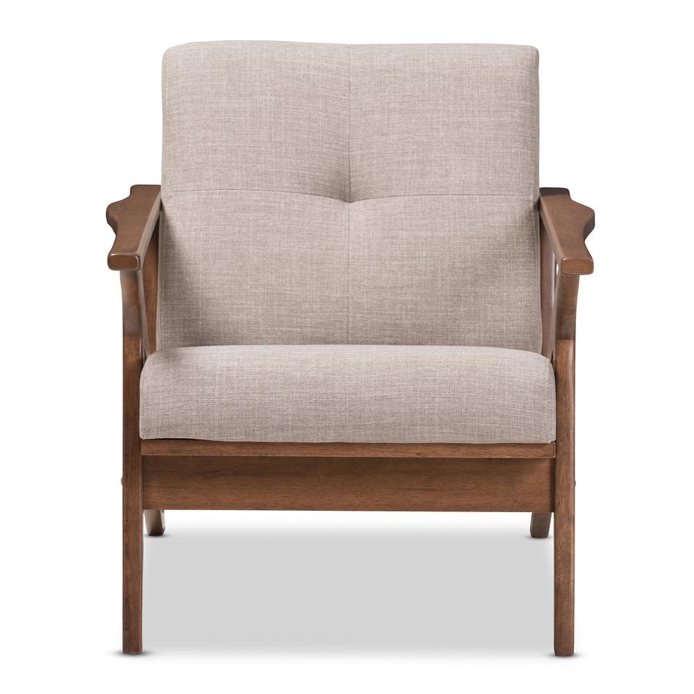 Bianca Mid-Century Modern Walnut Wood Light Grey Fabric Tufted Lounge Chair. Picture 12