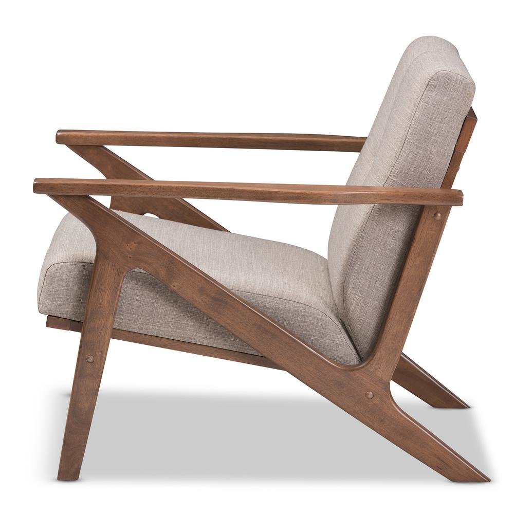 Bianca Mid-Century Modern Walnut Wood Light Grey Fabric Tufted Lounge Chair. Picture 13