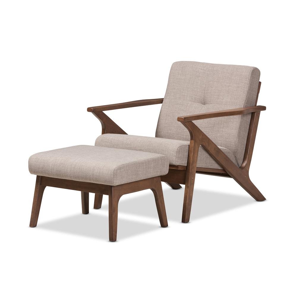 Walnut Wood Light Grey Fabric Tufted Lounge Chair And Ottoman Set. Picture 10