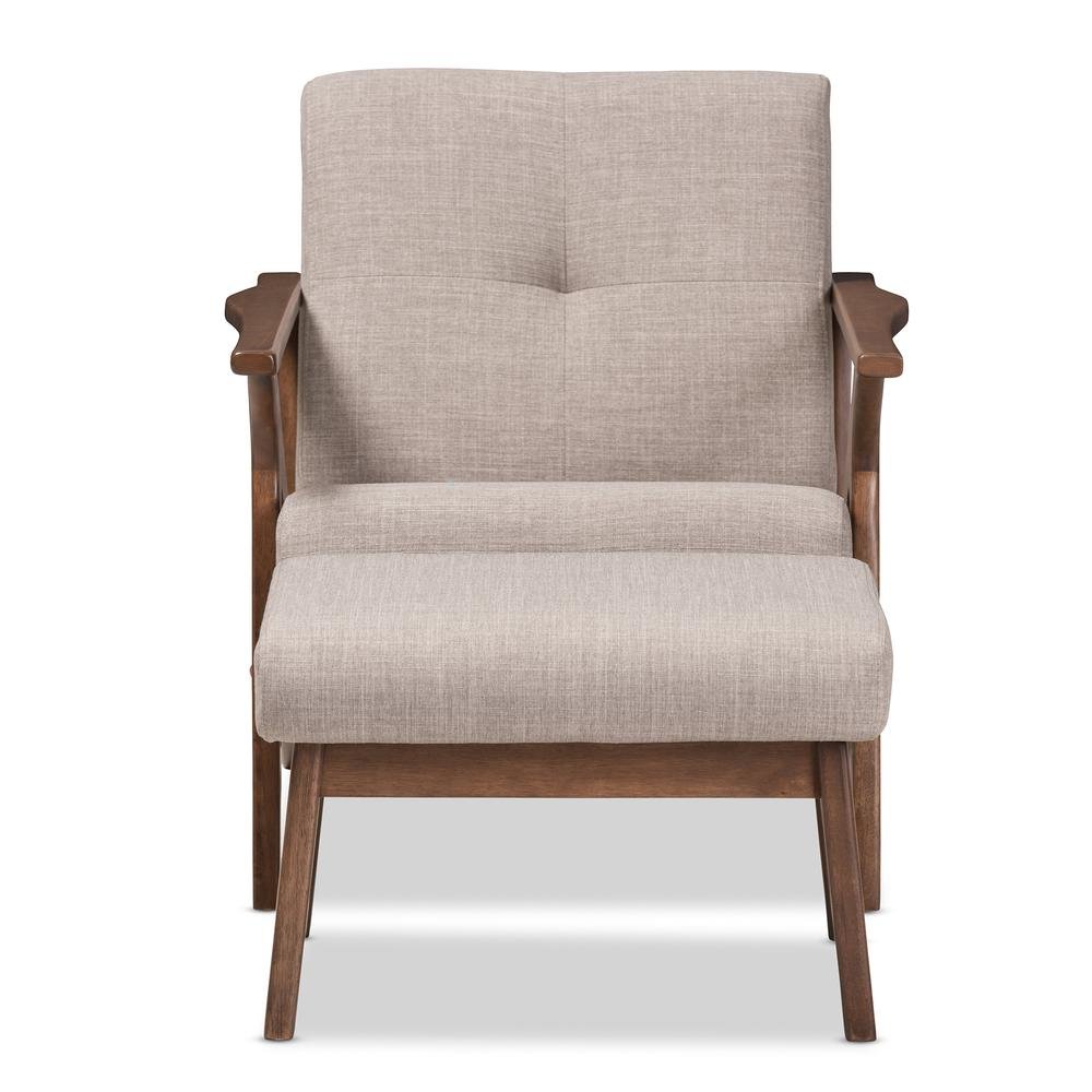 Walnut Wood Light Grey Fabric Tufted Lounge Chair And Ottoman Set. Picture 11
